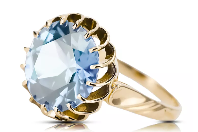 Aquamarine 8-кактовое желтое золото Кольцо Винтаж vrc035x-aq Art Deco Советский винтажный стиль украшений Ар-деко